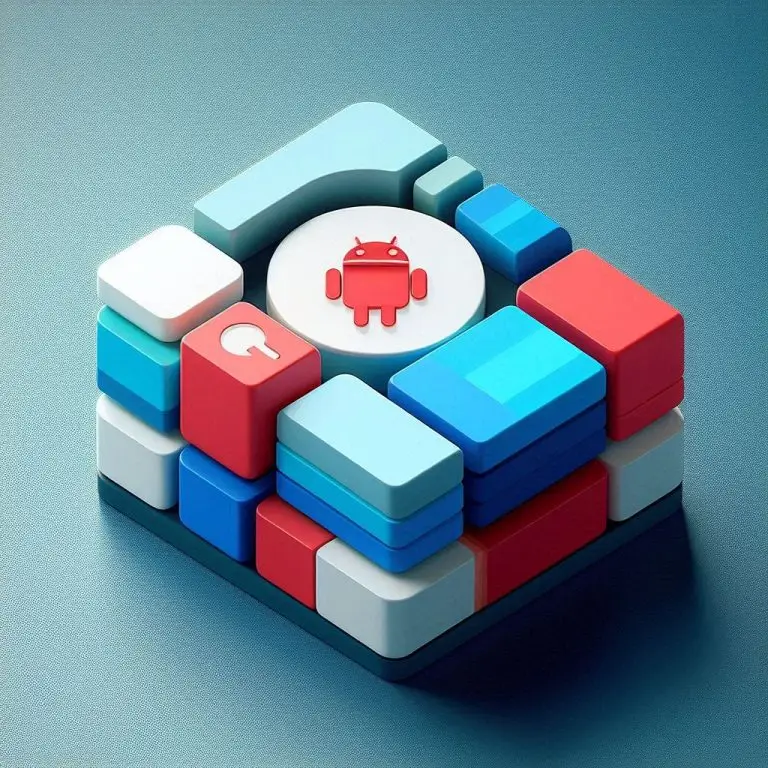 3D Android icon on stylized tech stack blocks