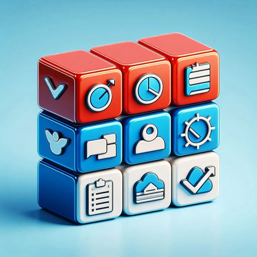 Colorful cubes with various business icons on them